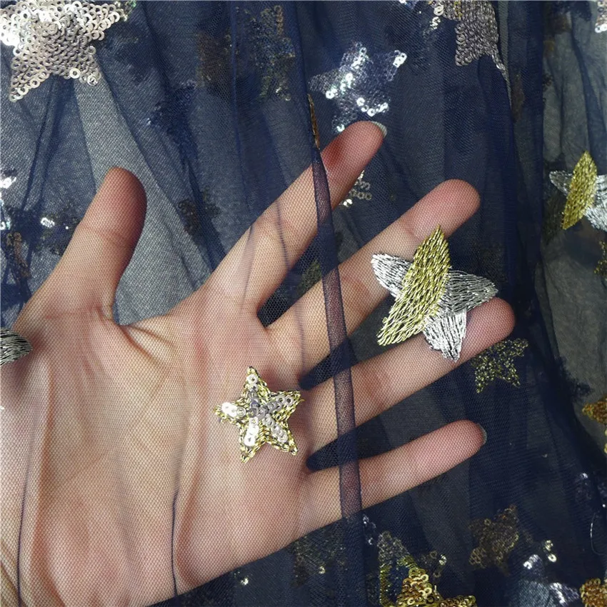 1 Yards New Fashion Sequin Star Embroidery Print Lace Tulle Fabric For Bridal Gown Dress 91*150cm