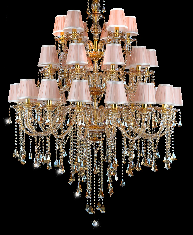 

Vintage 32-arm Led Gold Crystal Chandelier for Living Room hotel Church pink shade candle chandeliers champagne crystal lighting