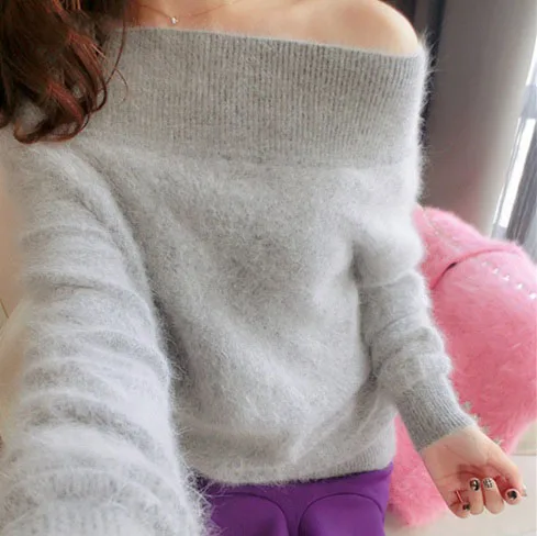 New autumn and winter long-haired Mink Cashmere round neck Slim female Fashion warm Mink Sweater Strapless sweater