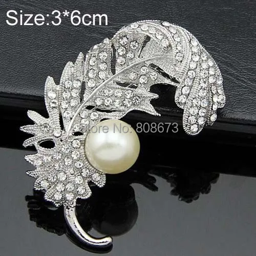 DHL FEDEX FREE SHIPPING Luxury Clear Austria Crystal Pearl Feather Pin Brooch