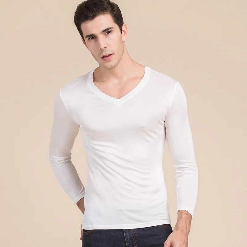 Men basic T shirt 100%Natural Silk V neck Solid shirt long Sleeve top Mens silk top White Black Grey 2022 New Spring Summer