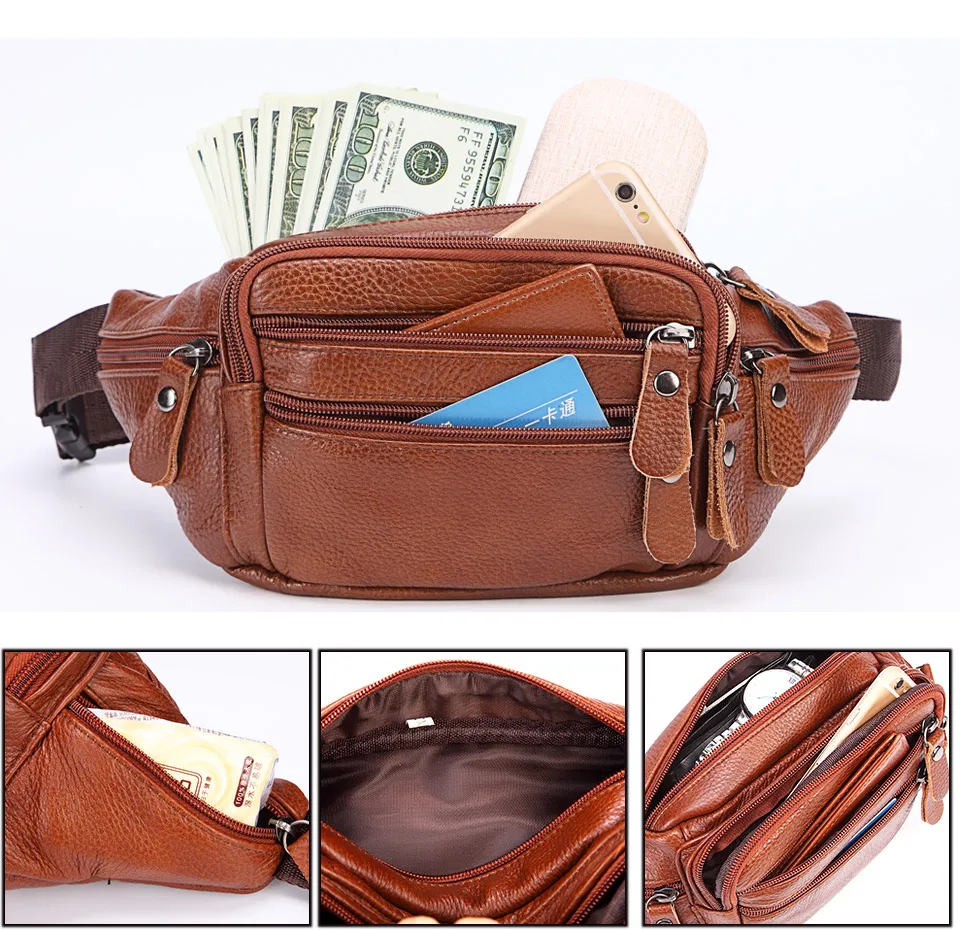 New 2019 Genuine Leather Waist Packs Fanny Pack Belt Bag Phone Pouch Bags Travel Waist Pack Male Small Waist Bag Leather Pouch