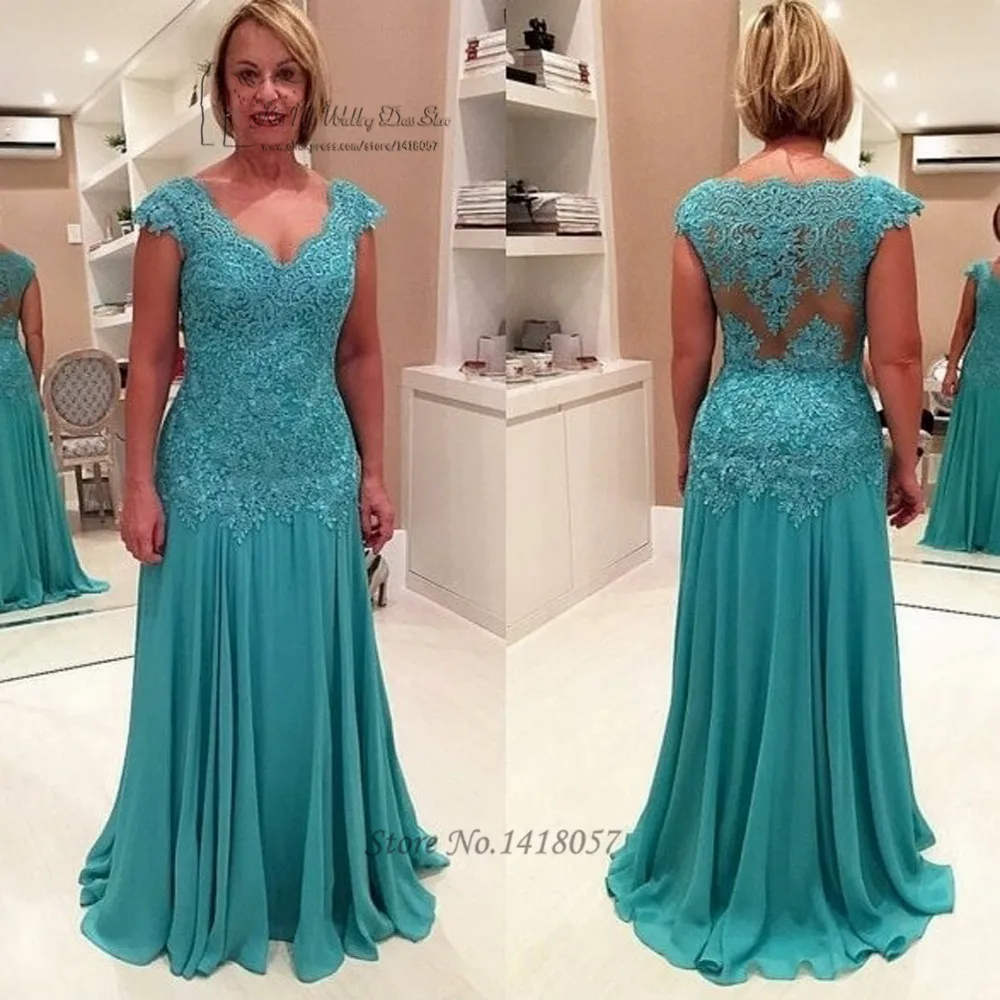 Vestido de Madrinha Turquoise Plus Size Mother of the Bride Groom Dresses Lace Cap Sleeve Long Formal Women Evening Gowns 2017