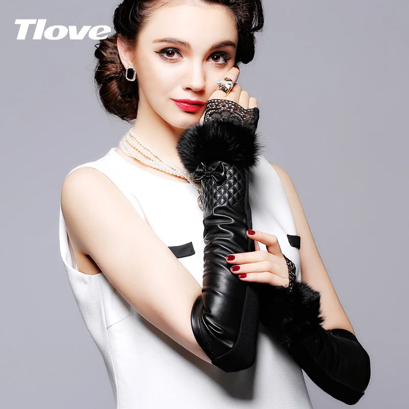 Lady Winter Warm Gloves Long Half-fingered Mittens Female Sheepskin Mittens Cute Bow Tie Rabbit Hair Luva Sheepskin Gloves B9605