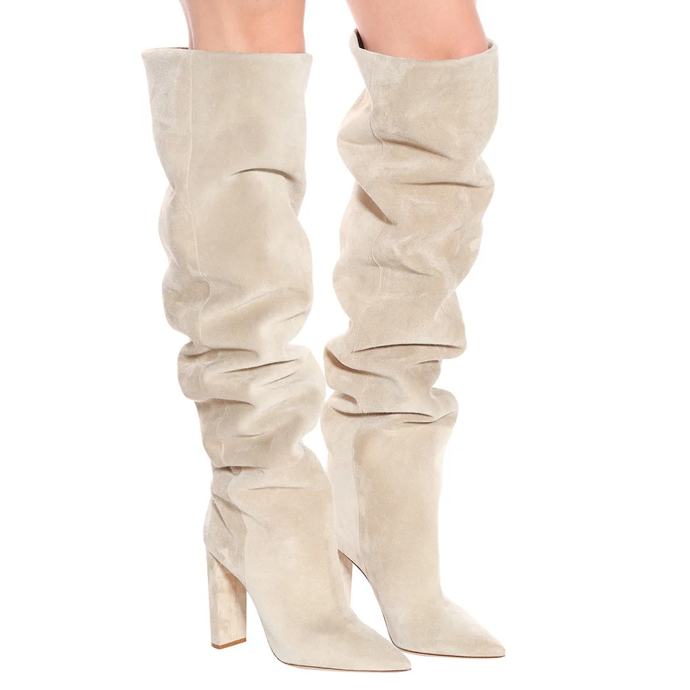 Sexy Beige Suede Stretch Fabric Over The Knee Boots High Heel Pointed Toe Chunky Heels Thigh High Stiletto Boots Women Plus Size