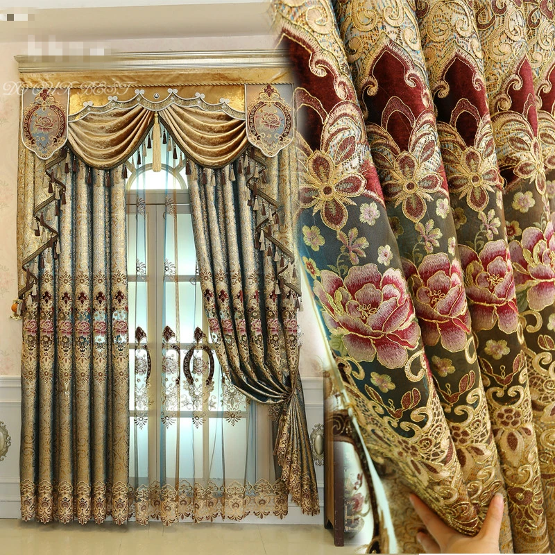 

Custom curtains European living room luxury noble gauze golden embroidered jacquard cloth blackout curtain tulle valance N247