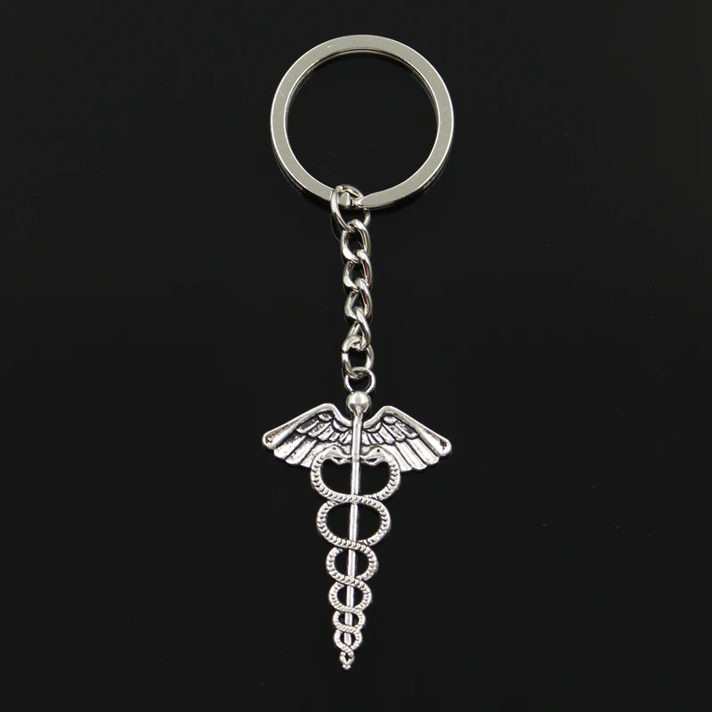 Fashion 30mm Key Ring Metal Key Chain Keychain Jewelry Antique Bronze Silver Color Caduceus Medicine Symbol 49x30mm Pendant