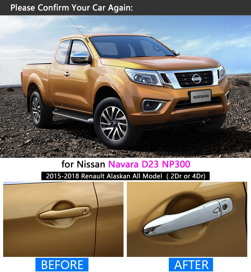 for Nissan Navara NP300 D23 Chrome Door Handle Cover Trim Renault Alaskan 2015 2016 2017 2018 Accessories Stickers Car Styling