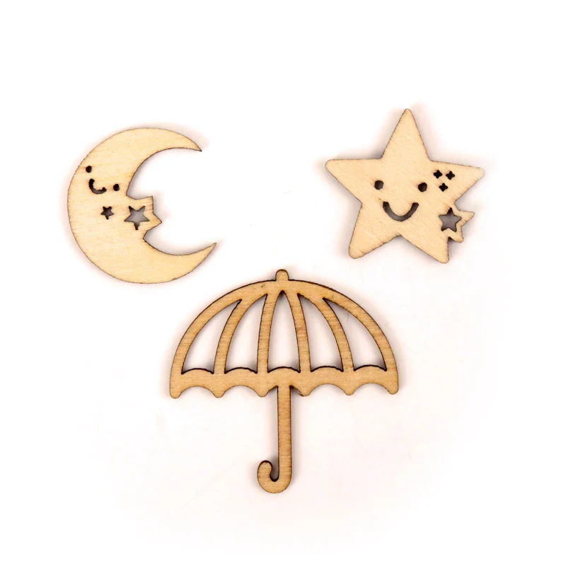 Cute Star Moon Umbrella Pattern Wooden Scrapbooking Painting Craft Handmade DIY Accessory Home Decoration 25-40mm 15pcs MZ227