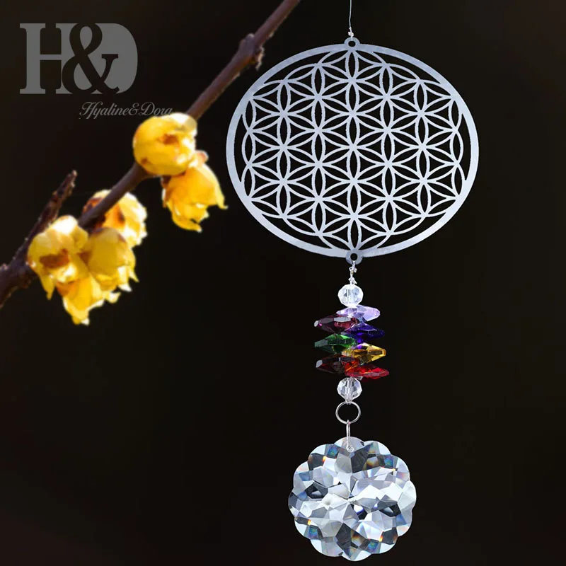 H & D-atrapasoles de cristal, fabricante de arcoíris, Vida de girasol, atrapasueños colgante para ventana, regalos de la suerte para cumpleaños