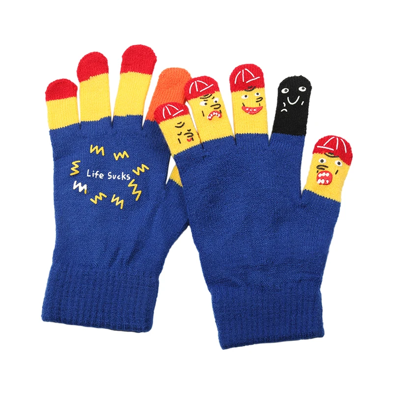 Fashion Funny Expression Cute Playful Knitted Gloves Female Thick Thermal Warm Black Wool Knitted Gloves Mittens Winter