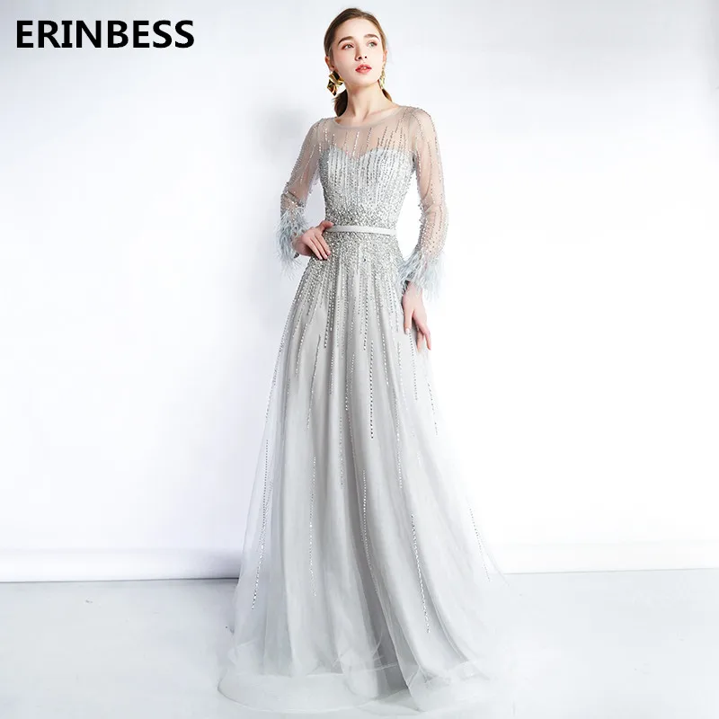 2020 Vestido De Festa Gray Evening Dresses Long Dress Scoop Neck Long Sleeve Party Gowns Women Formal A-line Evening Dress Gowns