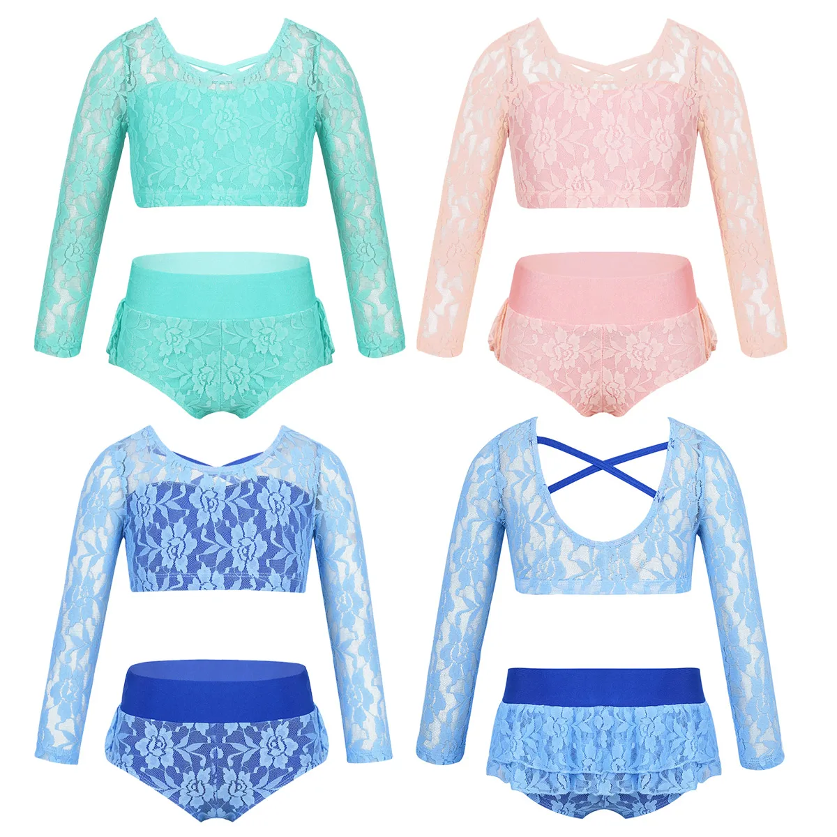 Kids Girls Floral Lace Gymnastics Ballet Crop Top with Dance Shorts Set Athletic Outfit Stage Performance Tank Top for Workout