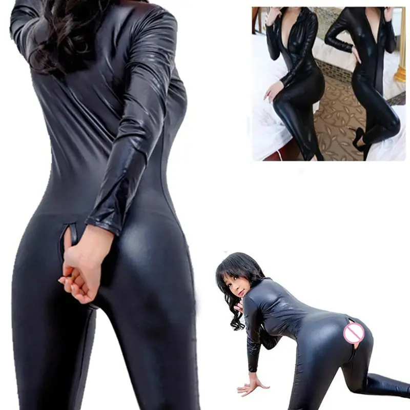 Sexy Women Bodysuits Patent Leather Game Uniforms Black Wet Look Snake Jumpsuit Latex Nightclub Costumes