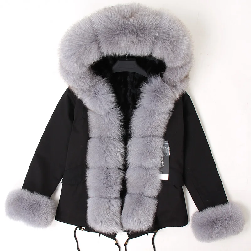 Maomaokong Women Short Parka Winter Long Jacket Parkas Real Fur Coat Natural fox Fur Hood Real Rabbit Fur Liner Outerwear