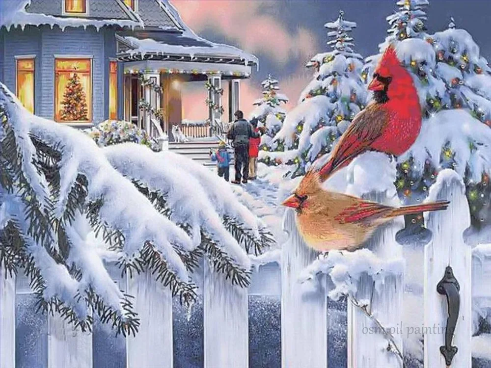 Home Decoration a Family and Two Birds Wait for the Santa Clus Outdoor On Canvas Wall Painting Art Wall Pictures Christmas Gifes