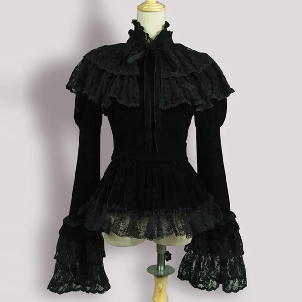 woman jacket spring autumn 2016 vintage Gothic costume party coat Female Ruffled lace tops velvet Shawl skirt jacket custom made