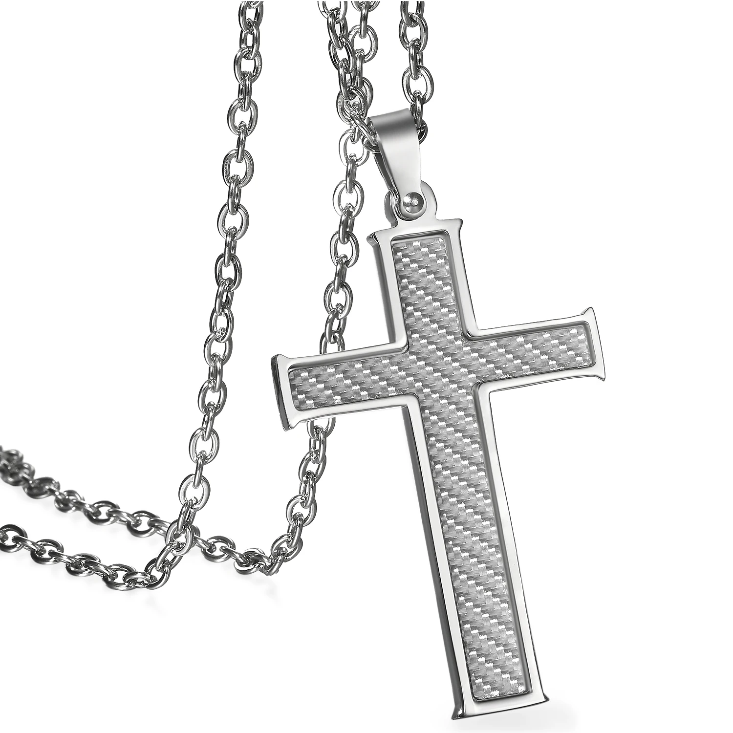 BONISKISS Carbon Fiber Stainless Steel Mens Cross Necklace Pendant, Black Silver Color , 21.5 inch Chain
