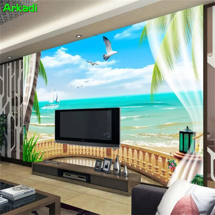 Custom Photo Wallpaper 3D Mediterranean Seascape Fake Windows Balcony 3D Space Landscape Living Room Sofa 3D Mural