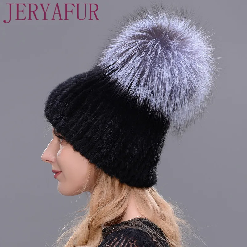 Real Mink Fur Hat For Winter Women Imported Knitted Mink Cap With Fox Fur  New Hot Sale High Quality Female Beanies