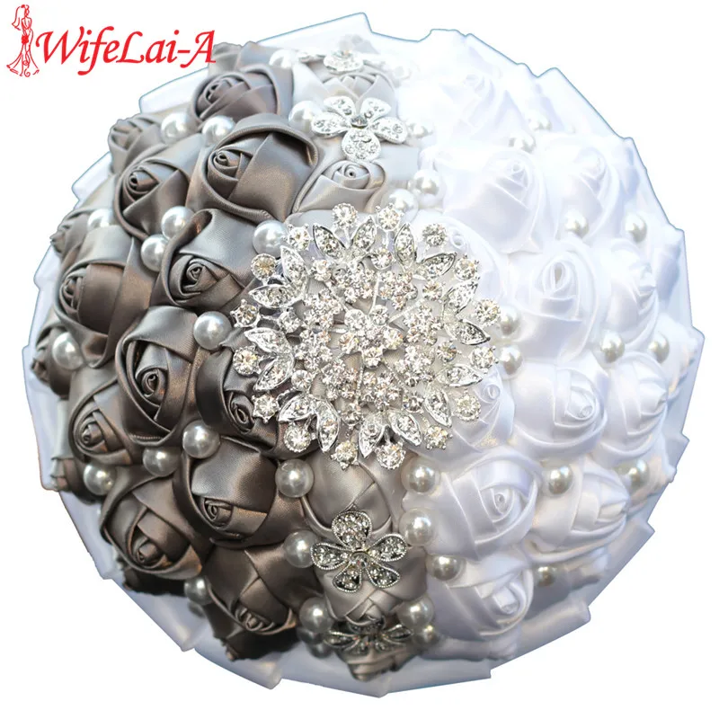 WifeLai-A New Crystal Wedding Bouquet Rose Flowers Diamond Brooch Wedding Bouquets de noiva Gray White Wedding Bouquets W244