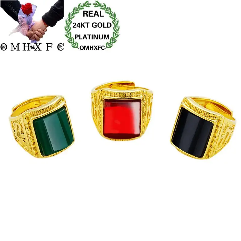 OMHXFC Wholesale European Fashion Man Male Party Birthday Wedding Gift Black Red Green Square Agate 24KT Real Gold Ring RI120