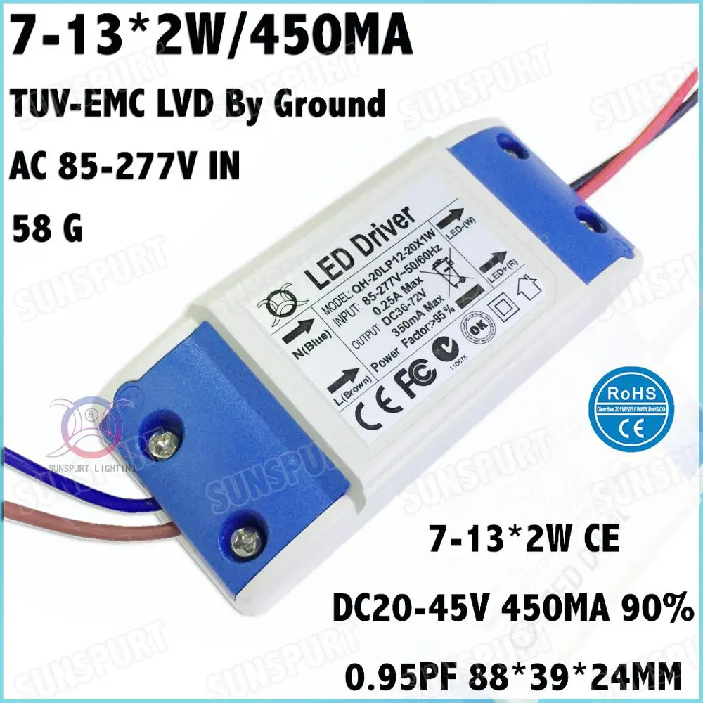 5-20 Pieces By Ground TUV-CE EMC LVD PF External 20W AC85-277V LED Driver 7-13x2W 450mA DC20-45V Constant Current Free Shipping