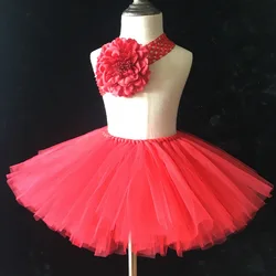 Hot Retail Girls Red Tutu Skirts Baby Handmade Fluffy Tulle Ballet Pettiskirt Dance Tutus with Flower Headband Kids Summer Skirt