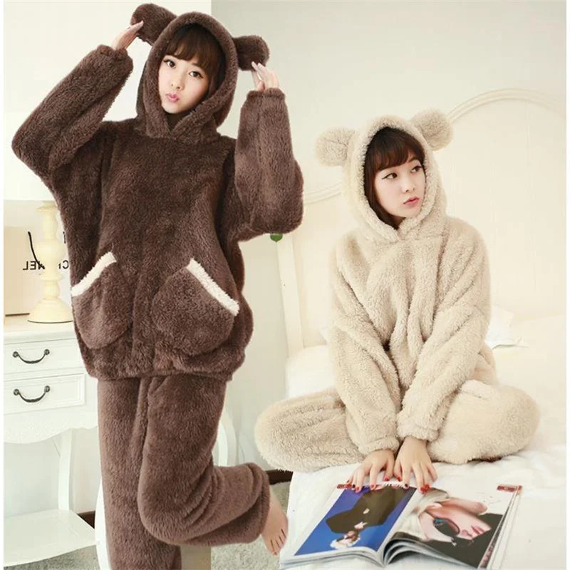 Two Piece Winter Women Pyjamas Thicken Flannel Pajama Sets  Lovely Bear Hoodie Cute Pijama Long Nightgown Sleepwear