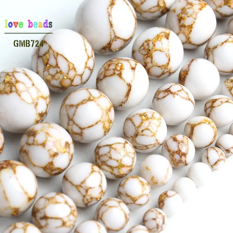 White Howlite Spun Gold plated Loose Stone Round Beads for Jewelry Making DIY Bracelet 15'' strand 4/6/8/10/12mm