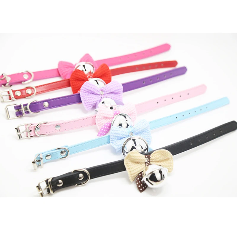 Cute Pet Adjustable Dog Collars with Bowknot and Bells Necklace PU Collar Beautiful Harness For Dogs Cat pet shop Accessories