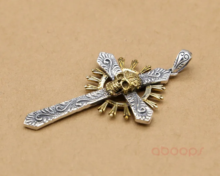 Pendentif croix gothique en argent sterling 925 avec tête de crâne doré pour hommes garçons