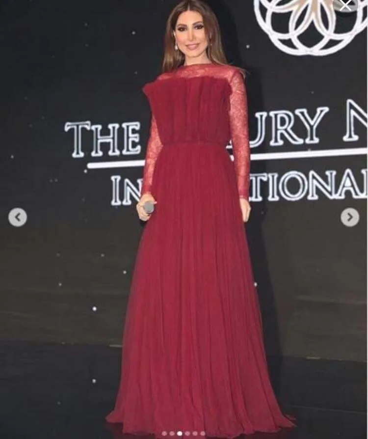 New Arrival O Neck Pleated Lace Long Sleeve Pleated Floor Length Burgundy Evening Dresses