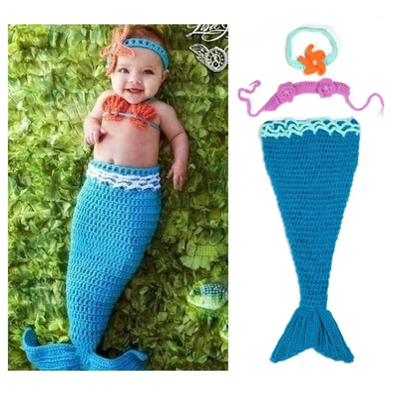 Mermaid Baby Crochet Clothes Newborn Photography Props Premature Receiving Blanket Swaddling Girl Bikini Infant Overall Hairband