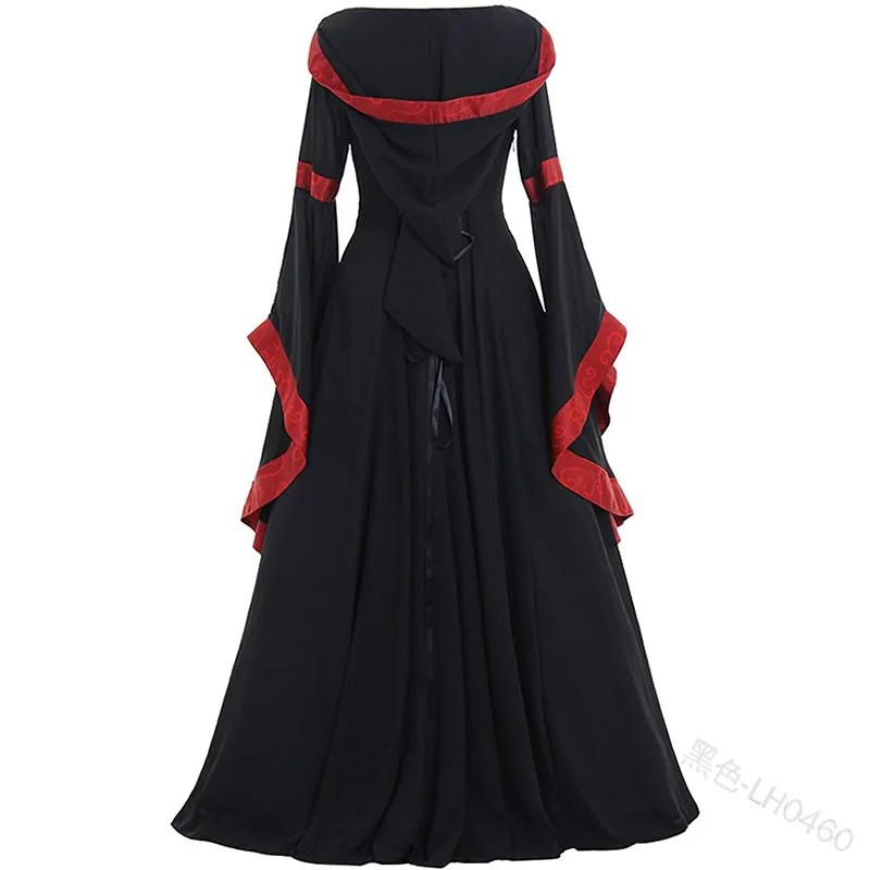 Fato de bruxa vitoriana para mulheres, vestido de vampiro com capuz vintage, vestido renascentista medieval