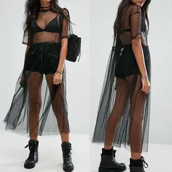 New Fashion Women Sexy Black See-through Mesh Long Tops Ladies Summer Short Sleeve Sheer Tulle Lace Long T Shirts