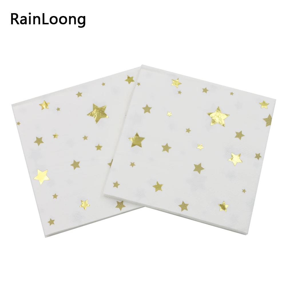 [RainLoong] 3Plys Beverage Gold Foil Paper Napkin Five-pointed Star Festive & Party Supply Tissue Serviettes Decoupage 25cm*25cm