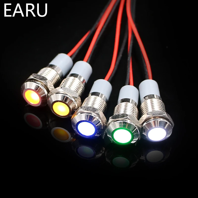 8mm Waterproof IP67 LED Metal Warning Indicator Light Signal Lamp Pilot + wire 3V 5V 6V 12V 24V 110V 220v Red Yellow Blue Green