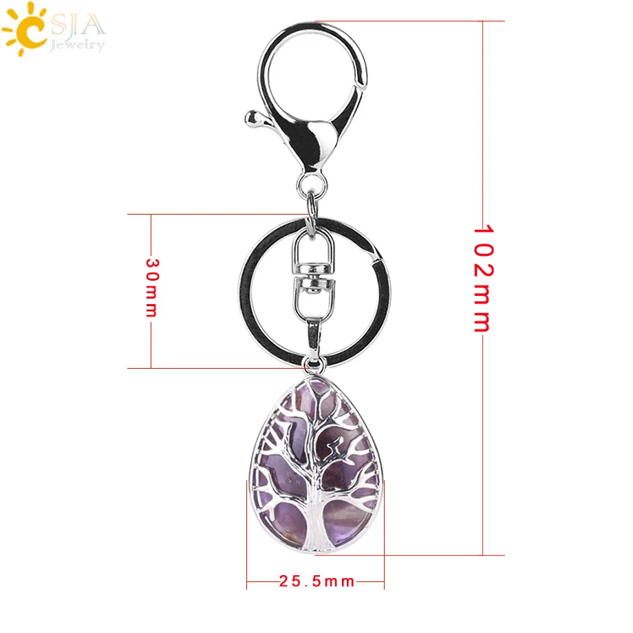 CSJA Fashion Water Drop Keychains Key Ring Key Holder Reiki Natural Gem Stone Tree of Life Pendant for Car Motorcycle Bag F400