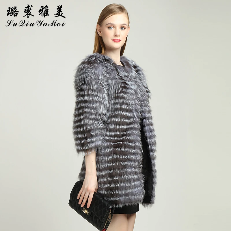 Natural Silver Fox ขนสัตว์สำหรับเสื้อขนเฟอร์ Coat ฤดูหนาวของแท้หนังแจ็คเก็ตเสื้อโค้ทขนสัตว์ผู้หญิงแจ็คเก็ต Slim ลายเสื้อ