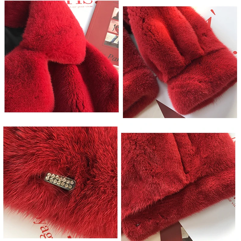 HDHOHR 2024 New 100% Real Mink Fur Coat Women Fashion Essential Natural Mink Coat Short Christmas Red Outerwear Winter Jacket