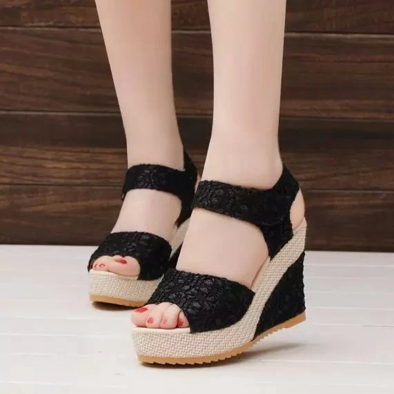 Women Sandals 2024 New Summer Fashion Lace Hollow Gladiator Wedges Shoes Woman Slides Peep Toe Hook & Loop Solid Lady Casual