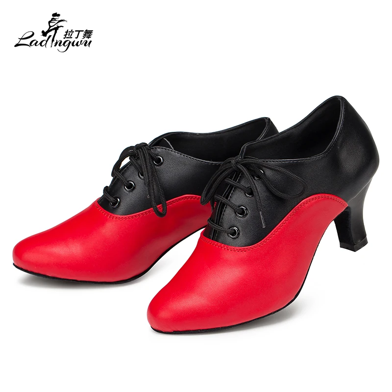 

Ladingwu 2018 New Microfiber Synthetic Leather Closed Toe Teachers Dance Shoes Red and Black Women's Latin Dance Shoes