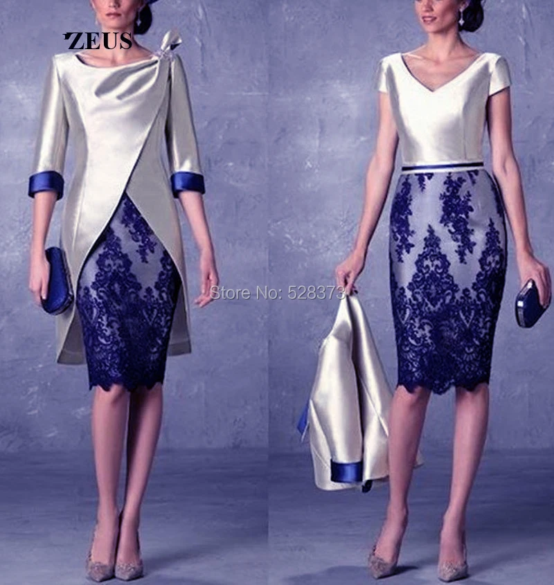 YNQNFS MD133 Elegant Sheath Silver/Blue Short Mother of the Bride/Groom Dresses /Outfits with 3/4 Sleeves Jacket/Coat 2019