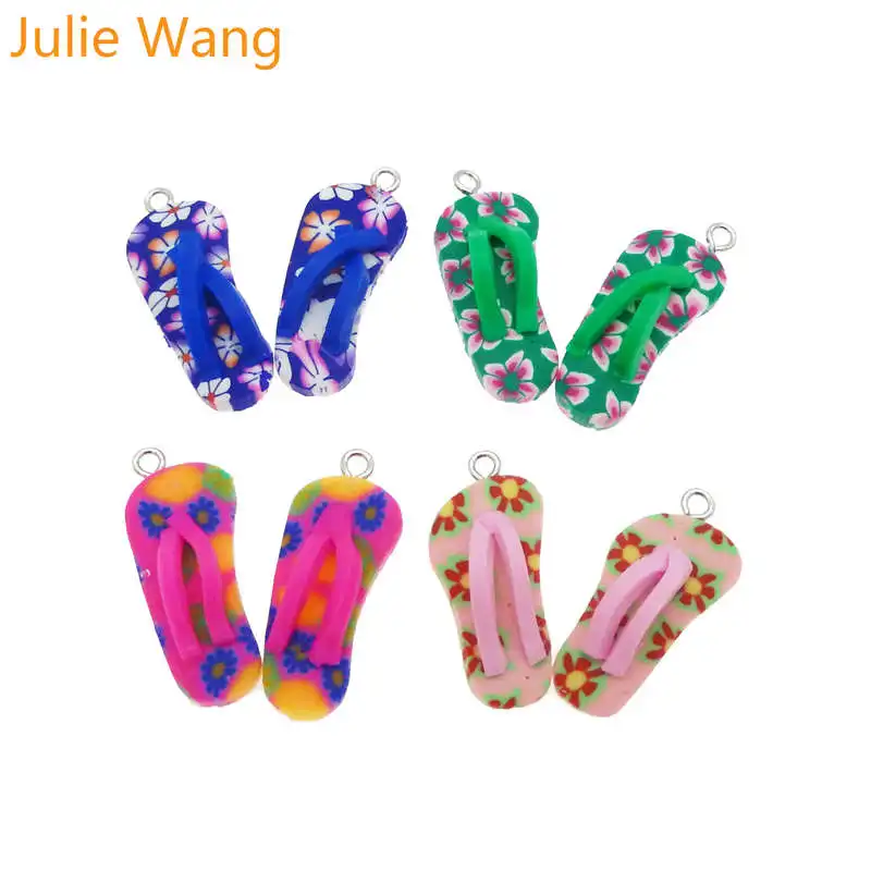 Julie Wang 20/30PCS Polymer Clay Flip Flops Charms Pendant Key Chain Handmade Crafts Phone Deco Jewelry Making Accessory