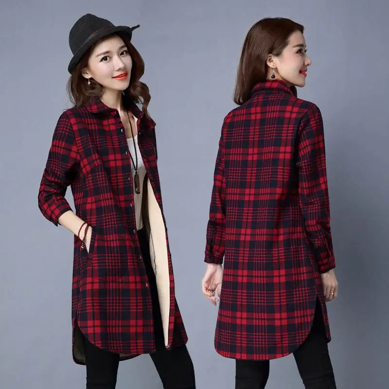 Winter Shirts Warm Tops Women Long Sleeve Velvet Thick Shirt Long Outerwear Female Turn-down Collar Plaid Thicken Blouse Top