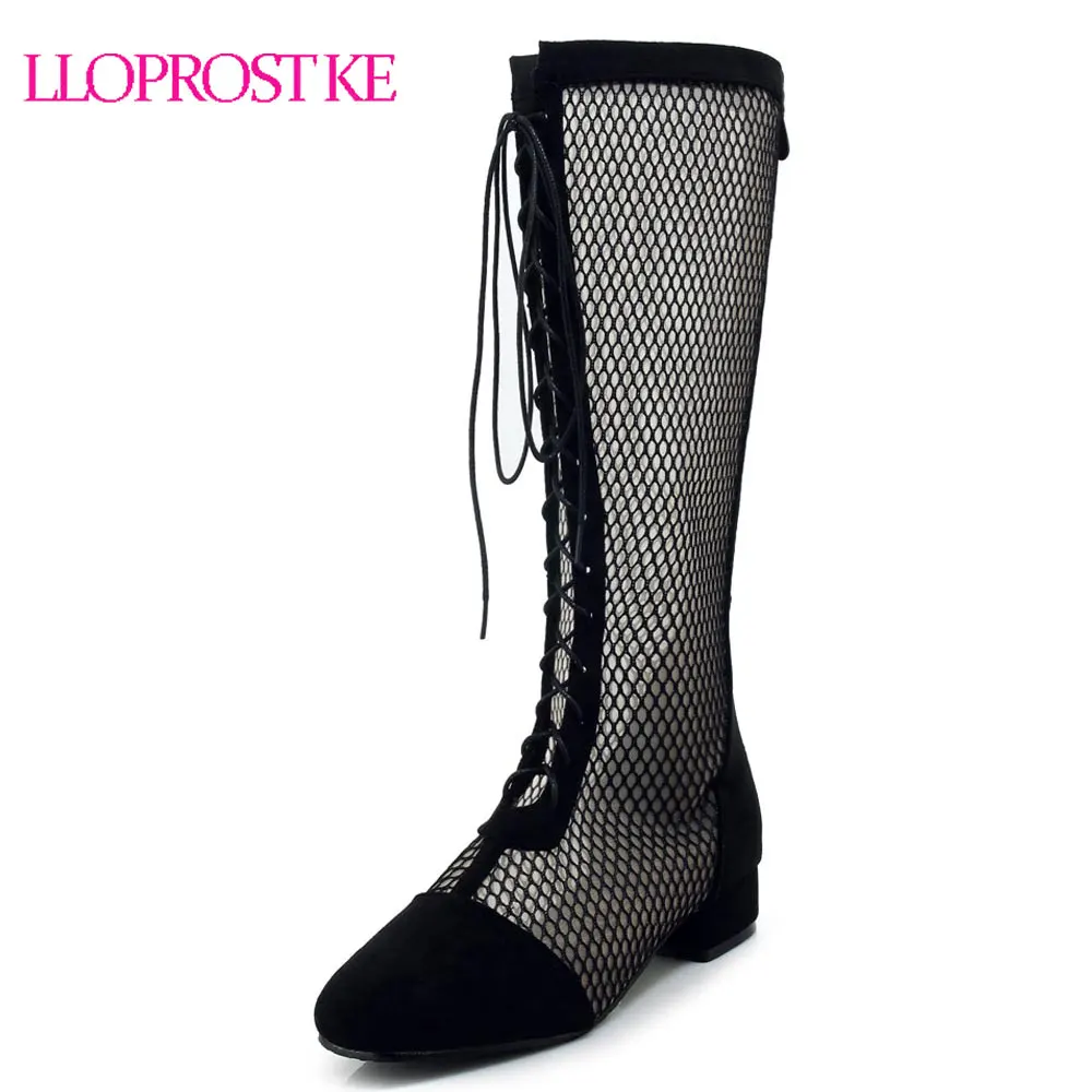 

Lloprost ke Cut-outs Woman Sandals Mid Calf Summer Boots Net Yarn Women Shoes Big Size 33-46 Lace up 2018 Female Footwear MY747