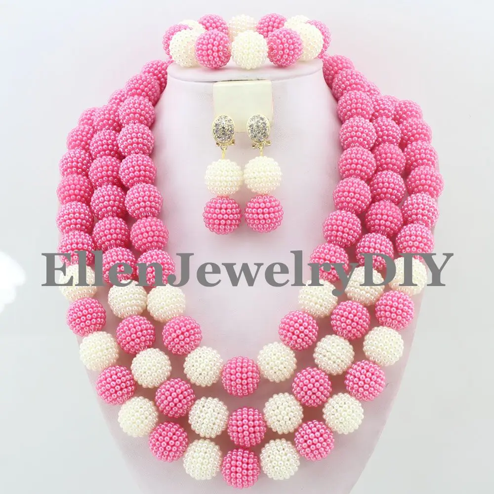 

Gorgeous Hot Pink&White Beads Balls African Necklace Jewelry Set Nigerian Beaded Wedding Jewelry Set Free Shipping W10342