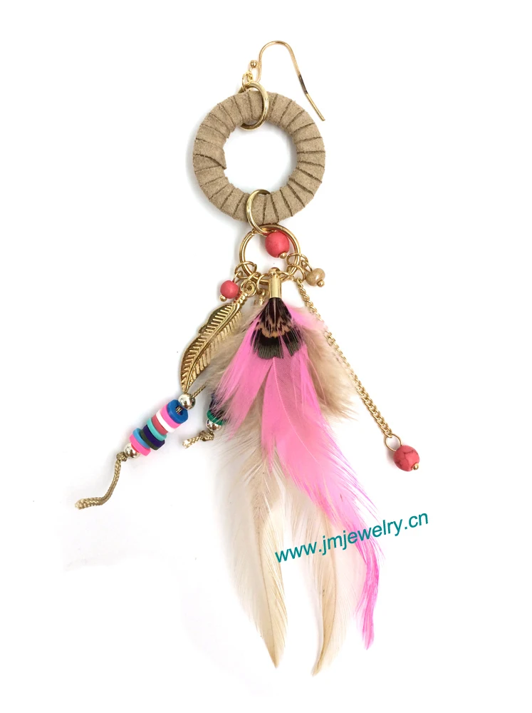 wholesale handmade Ethnic jewellery vintage dangle feather earrings with tassel summer style nickel free earrings