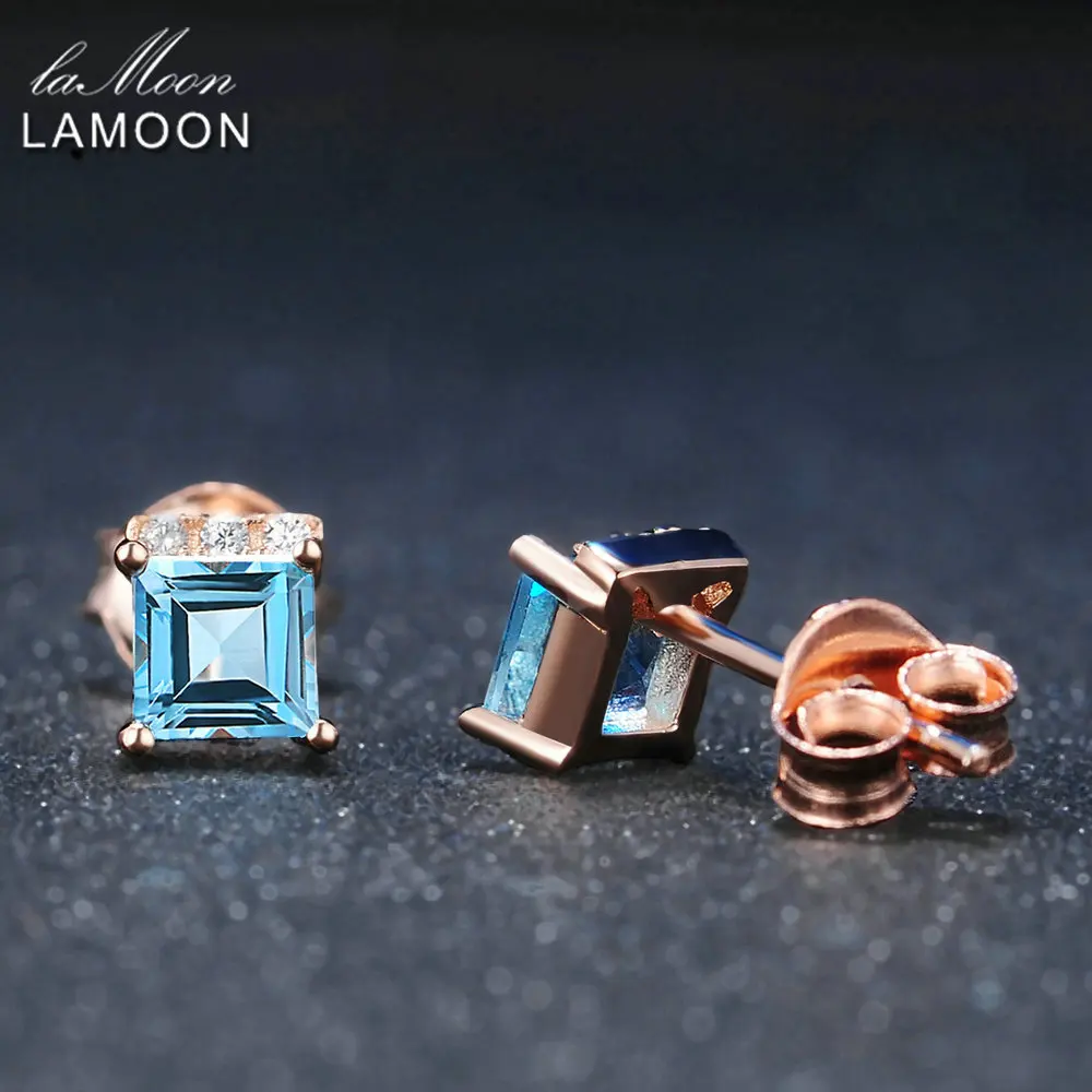 LAMOON Einfache Stil 4mm 100% Quadrat Natürliche Blau Topas 925 sterling-silber-schmuck Stud Ohrring S925 LMEI046